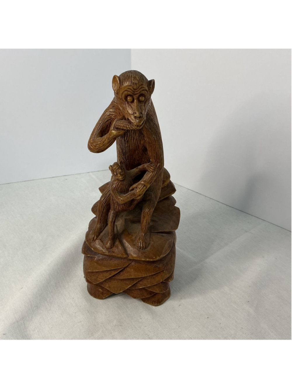 Hand-carved Wooden Monkey And Infant Figurine, 8.5in tall.